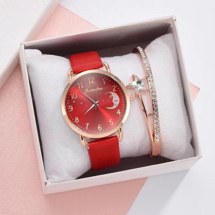 Foreign Trade New Women's Personlized Bracelet Combination Suit Moon Pattern Digital Dail 2Pcs Fashion Quartz Women's Watch
