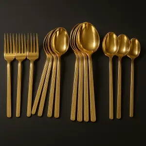 24-Piece Luxury Gold Cutlery Set – Stainless Steel Flatware with Greek Key Design | Table Spoon, Dessert Spoon, Fork & Long Ice Cream Spoon