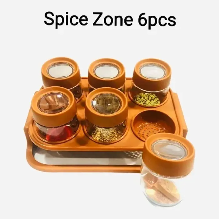 6 Pcs Spice Zone Jar Set with Tray – Transparent Plastic Masala Box for Kitchen Storage