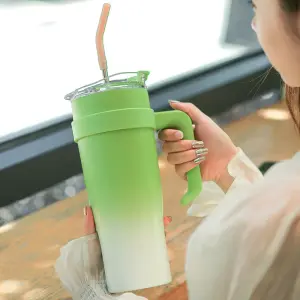 1.1L Gradient Travel Tumbler with Handle & Straw – Leak-Proof Reusable Mug for Cold & Hot Drinks